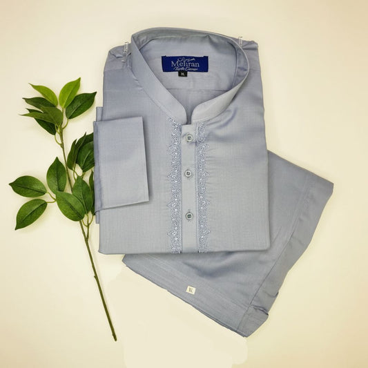 Men’s Embroidered Bluish Grey Shalwar Kameez – Stitched - MRW08