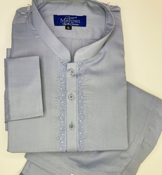 Men’s Embroidered Bluish Grey Shalwar Kameez – Stitched - MRW08