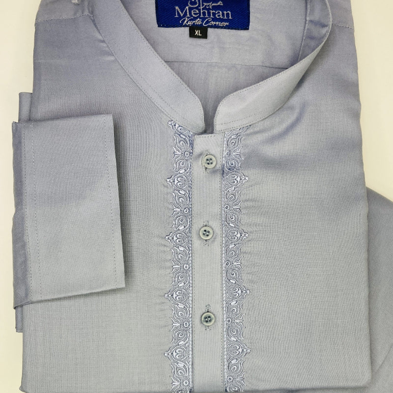 Men’s Embroidered Bluish Grey Shalwar Kameez – Stitched - MRW08