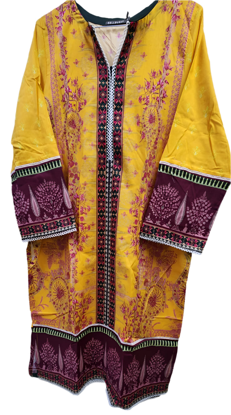 Yellow traditional outfit with intricate purple patterns-Zullbery-Stitched 3Pc-Pakistani-Lawn