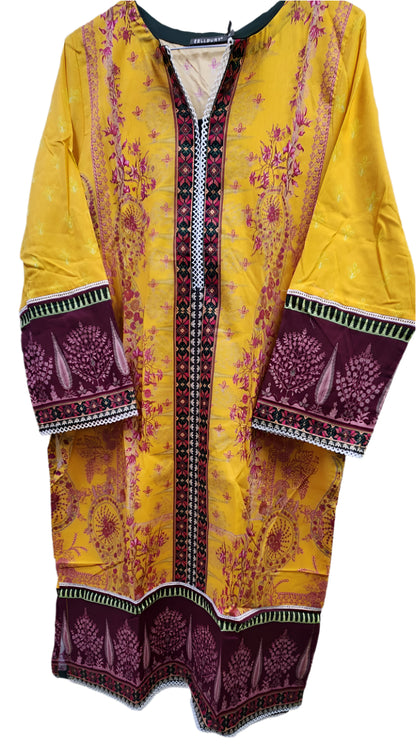 Yellow traditional outfit with intricate purple patterns-Zullbery-Stitched 3Pc-Pakistani-Lawn