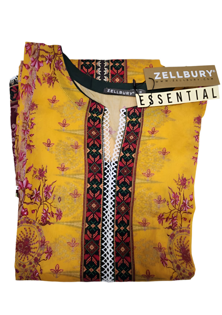 Yellow traditional Pakistani outfit with intricate purple patterns-Zullbery-Stitched 3Pc-Lawn