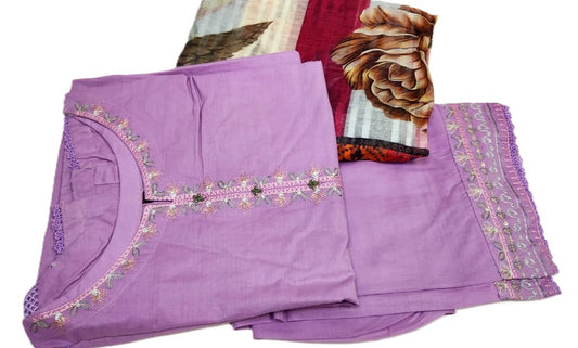 A traditional Lawn 3-piece suit with embroidered details and a printed dupatta.