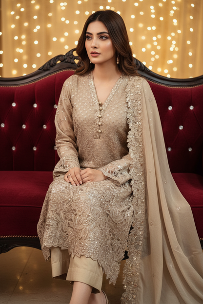 Maria B Inspired Skin Color Embellished Chiffon – Stitched 3pc-RW3-80