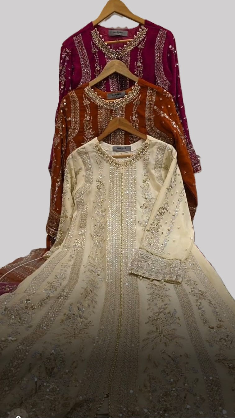 Maria B Inspired Cream Embroidered Chiffon Suit–Stitched 3pc-RW3-77