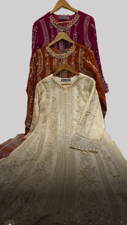 Maria B Inspired Cream Embroidered Chiffon Suit–Stitched 3pc-RW3-77