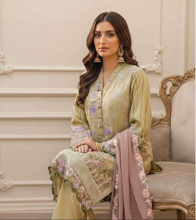 Agha Noor Inspired Green Embroidered Lawn Cotton Suit – Stitched 3pc-RW3-95