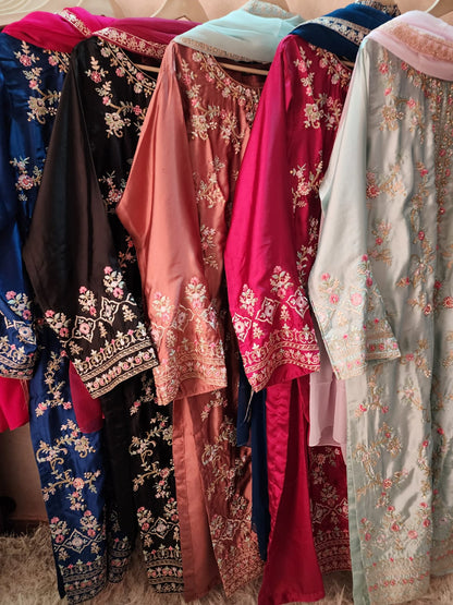 Blue Embroidered Silk Suit – Stitched 3pc-RW3- 99