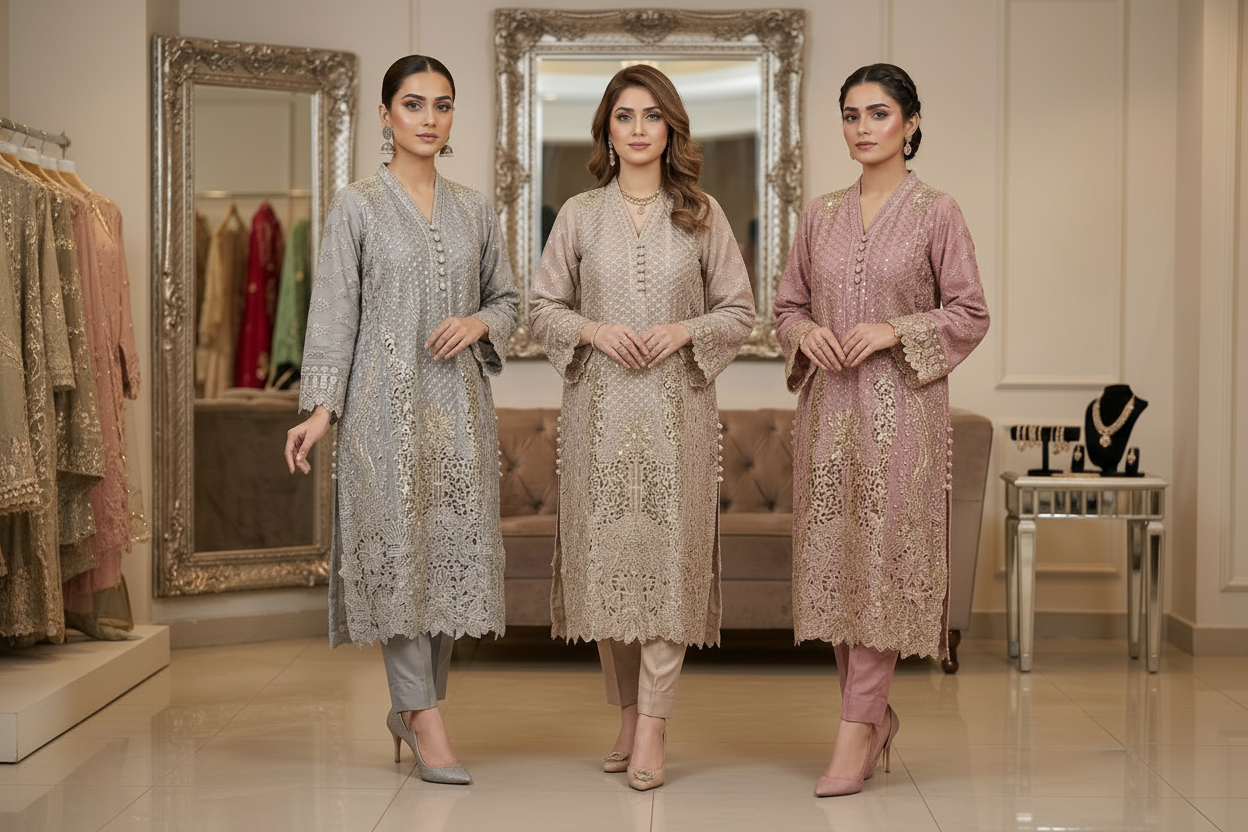 Maria B Inspired Skin Color Embellished Chiffon – Stitched 3pc-RW3-80