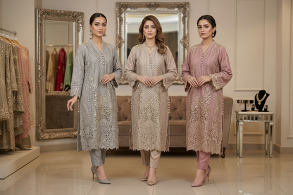 Maria B Inspired Skin Color Embellished Chiffon – Stitched 3pc-RW3-80