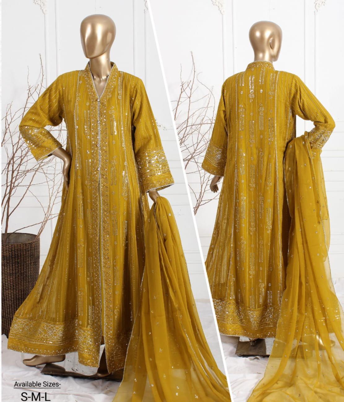 Agha Noor Inspired Mustard Embroidered Chiffon Maxi – Stitched 3pc -RW3-102