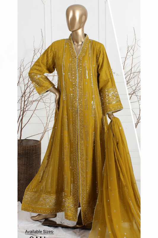 Agha Noor Inspired Mustard Embroidered Chiffon Maxi – Stitched 3pc -RW3-102