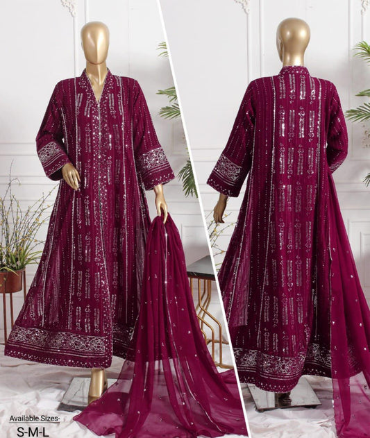 Agha Noor Inspired Maroon Embroidered Chiffon Maxi – Stitched 3pc-RW3-103