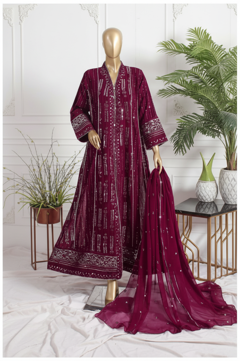 Agha Noor Inspired Maroon Embroidered Chiffon Maxi – Stitched 3pc-RW3-103