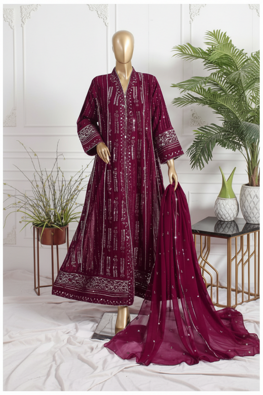 Agha Noor Inspired Maroon Embroidered Chiffon Maxi – Stitched 3pc-RW3-103