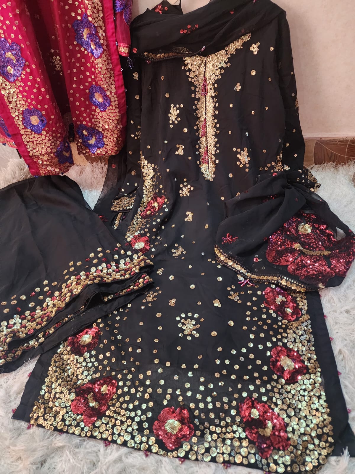 Agha Noor Inspired Black Muse Work Chiffon Suit – Stitched 3pc-RW3-116