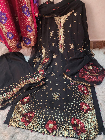 Agha Noor Inspired Black Muse Work Chiffon Suit – Stitched 3pc-RW3-116
