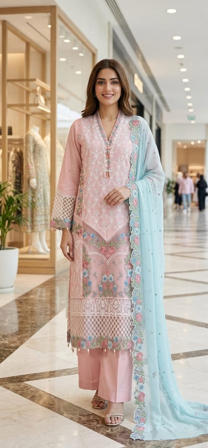 Sana Safinaz Inspired Pink Embroidered Cotton Lawn Suit – Stitched 3pc-RW3-154