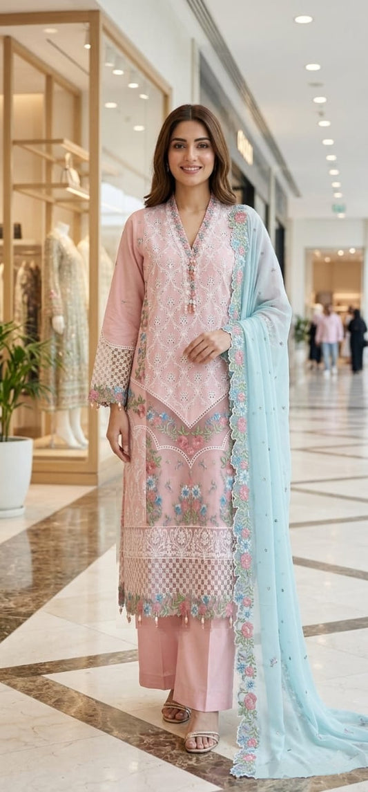 Sana Safinaz Inspired Pink Embroidered Cotton Lawn Suit – Stitched 3pc-RW3-154