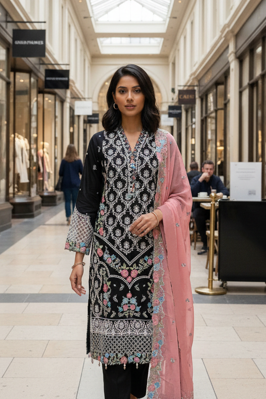Sana Safinaz Inspired Black Embroidered Cotton Lawn Suit – Stitched 3pc-RW3-152