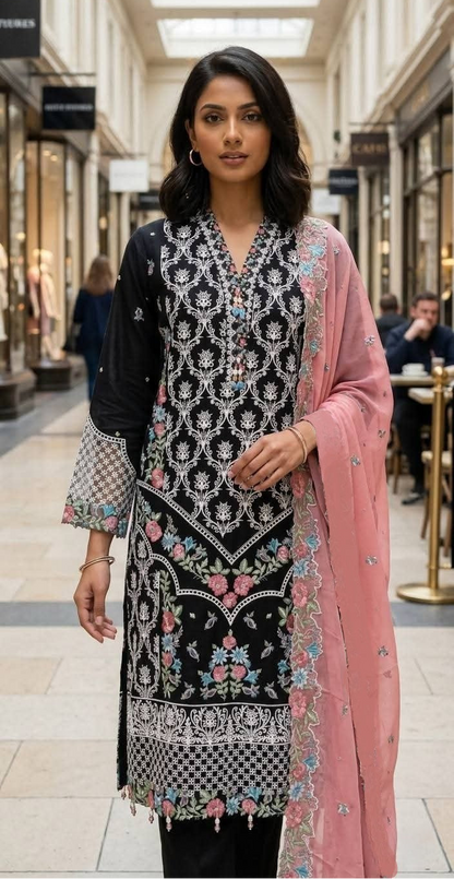 Sana Safinaz Inspired Black Embroidered Cotton Lawn Suit – Stitched 3pc-RW3-152
