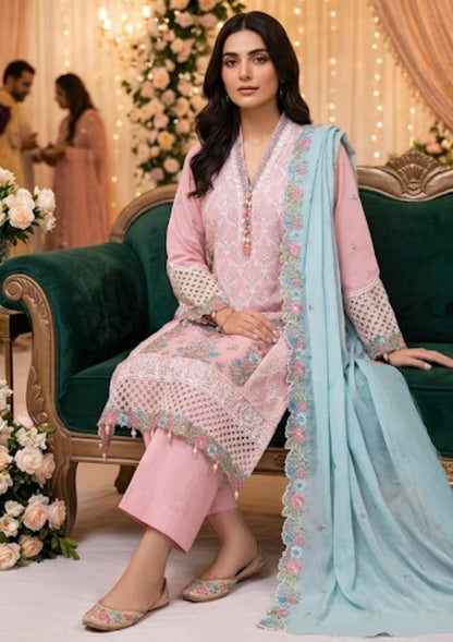 Sana Safinaz Inspired Pink Embroidered Cotton Lawn Suit – Stitched 3pc-RW3-154