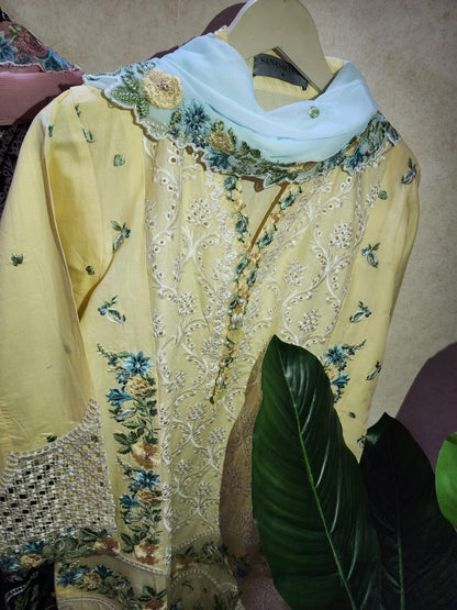 Sana Safinaz Inspired Yellow Embroidered Cotton Lawn Suit – Stitched 3pc-RW3-153