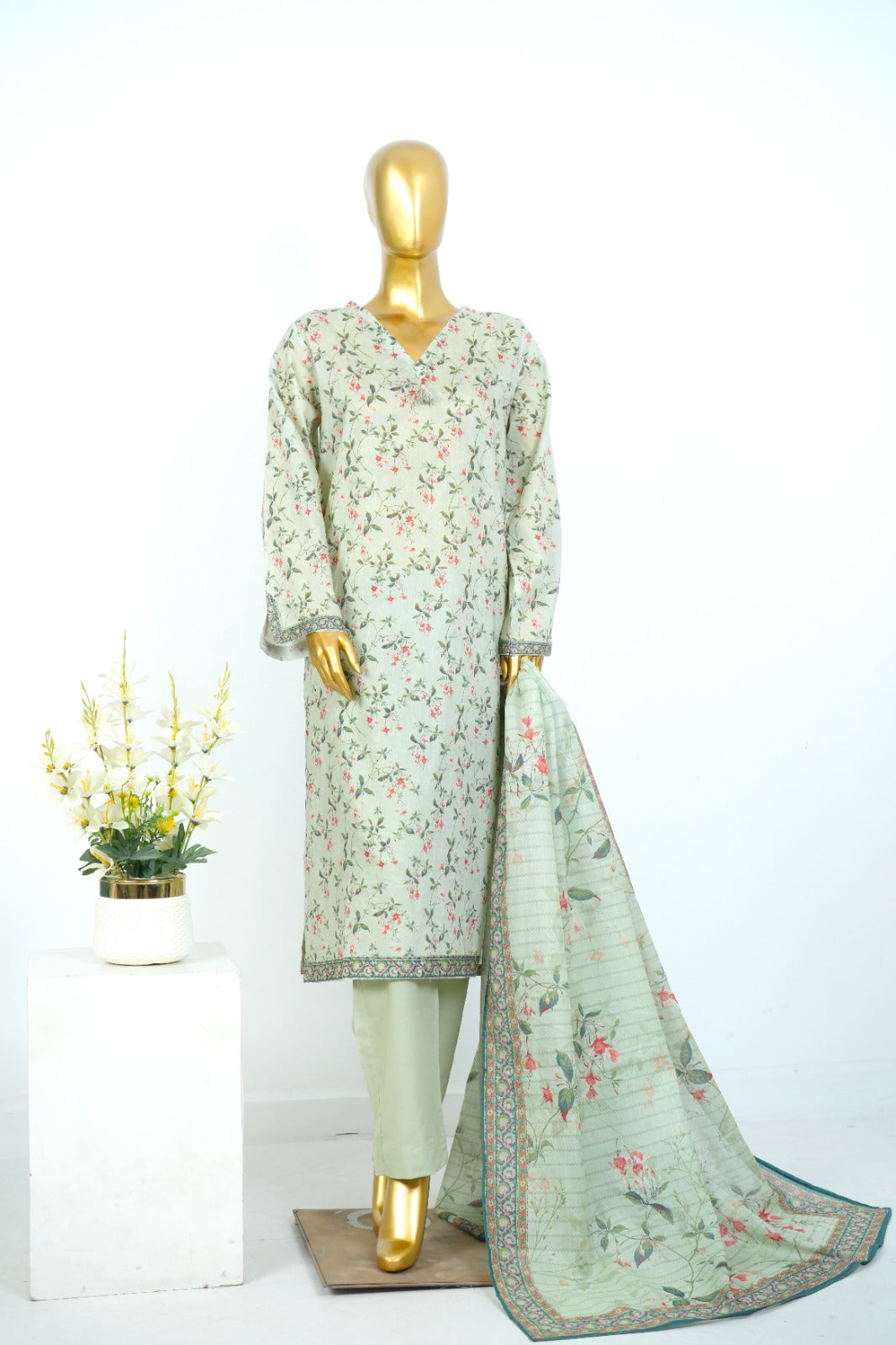 Bin Saeed Printed Lawn Light Green Stitched 3pc-RW3-201
