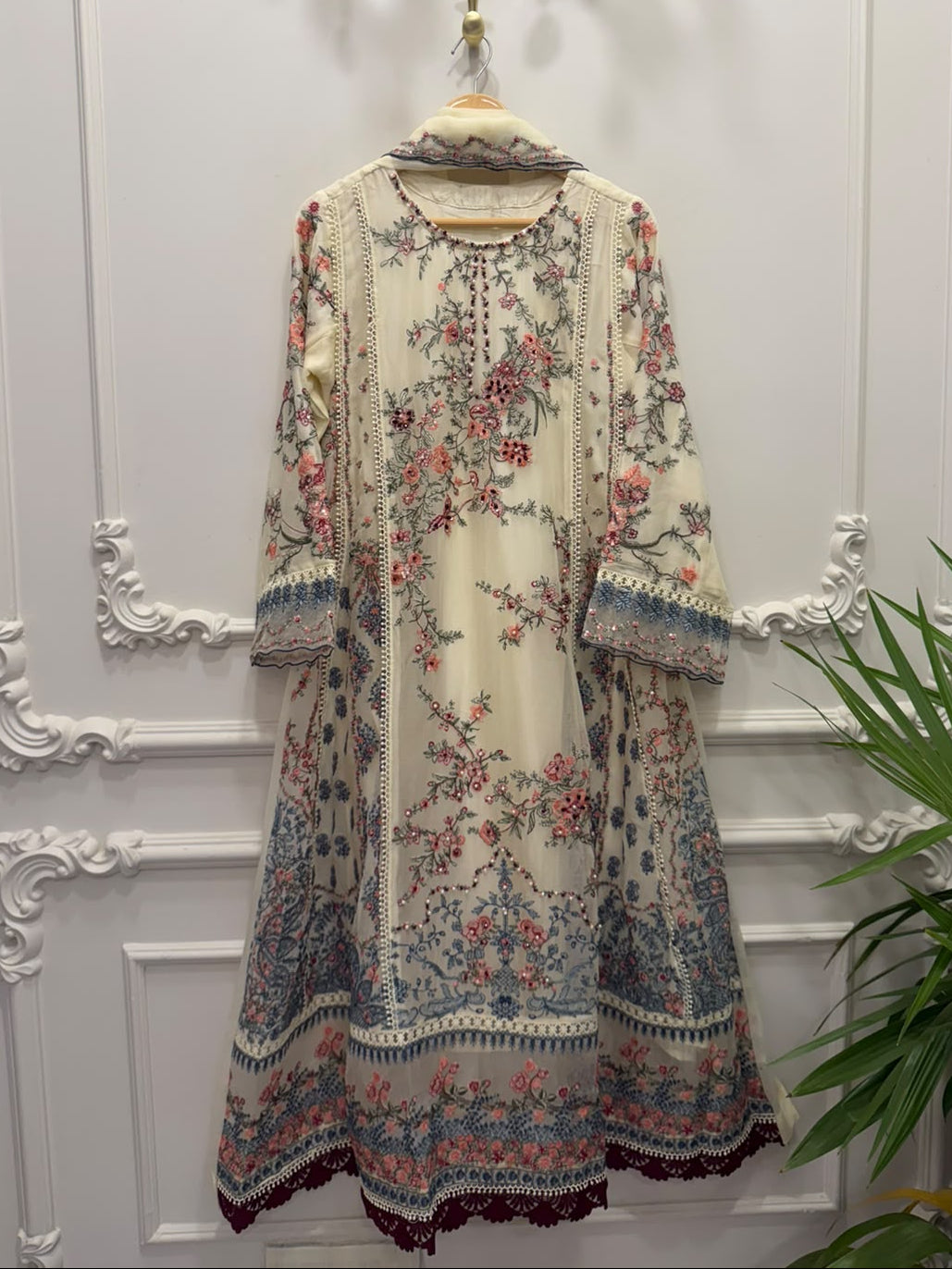 Hussain Rehar Inspired Cream Chiffon Embroidered Frock – Stitched 3pc-RW3-241