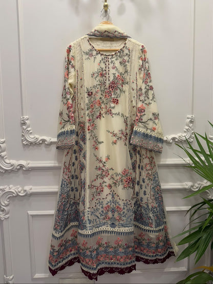 Hussain Rehar Inspired Cream Chiffon Embroidered Frock – Stitched 3pc-RW3-241