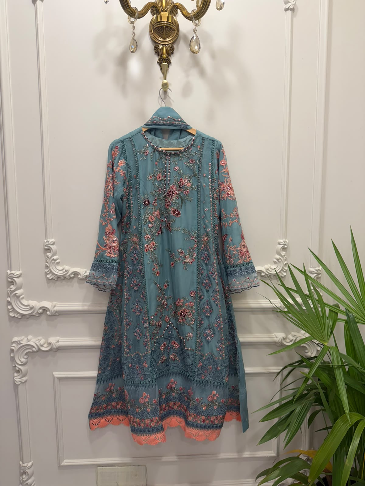 Hussain Rehar Inspired Green Chiffon Embroidered Frock – Stitched 3pc-RW3-240