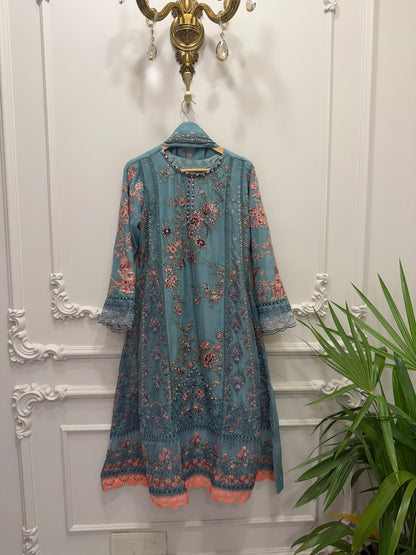 Hussain Rehar Inspired Green Chiffon Embroidered Frock – Stitched 3pc-RW3-240