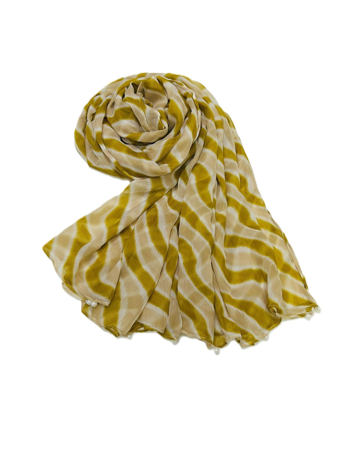 Yellow and beige striped Chiffon Dupatta with white pearls by J.-Khaas Trends Online
