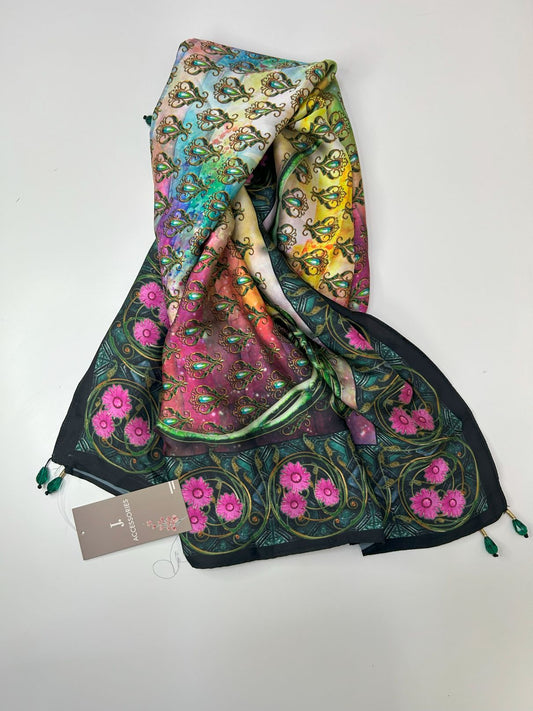 J. Colorful Silk patterned scarf with tassels