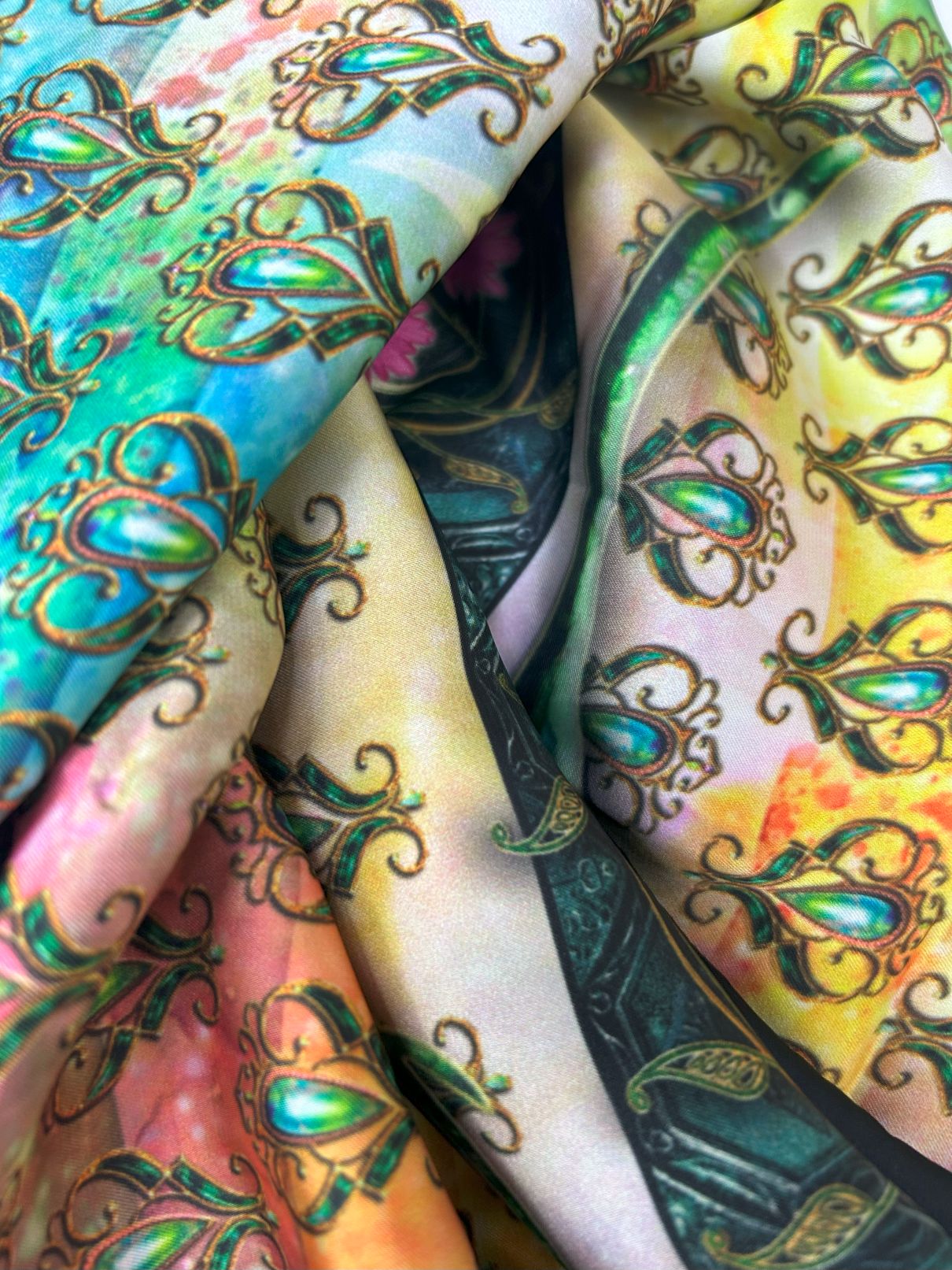 Close-up of colorful J. Stole with intricate patterns and designs.