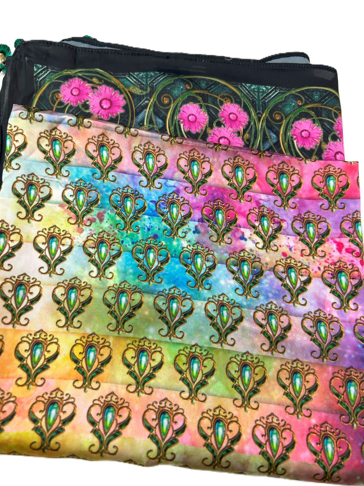 Colorful J. Stole with intricate patterns and pink flowers on a black background