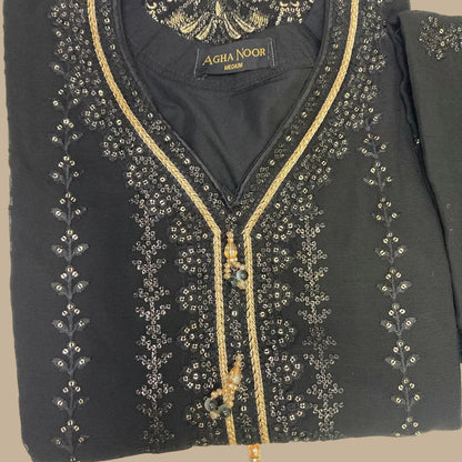 Agha Noor Inspired Black Chiffon Gharara Suit–Stitched 3pc-RW3-87
