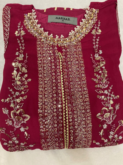 Maria B Inspired Pink Embroidered Chiffon suit–Stitched 3pc-RW3-76