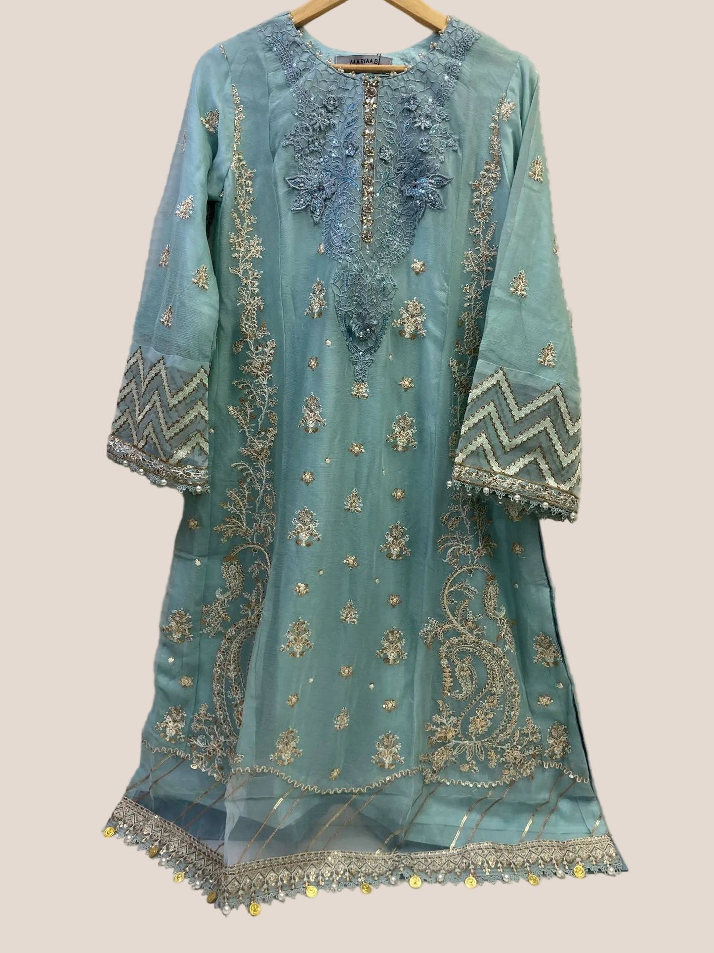 Maria.B Inspired Aqua Embroidered Chiffon Suit – Stitched 3pc- RW3-107
