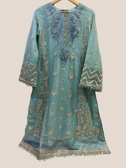 Maria.B Inspired Aqua Embroidered Chiffon Suit – Stitched 3pc- RW3-107