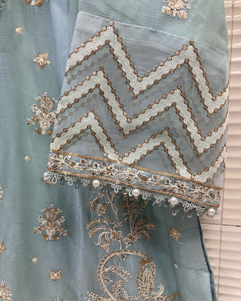 Maria.B Inspired Aqua Embroidered Chiffon Suit – Stitched 3pc- RW3-107