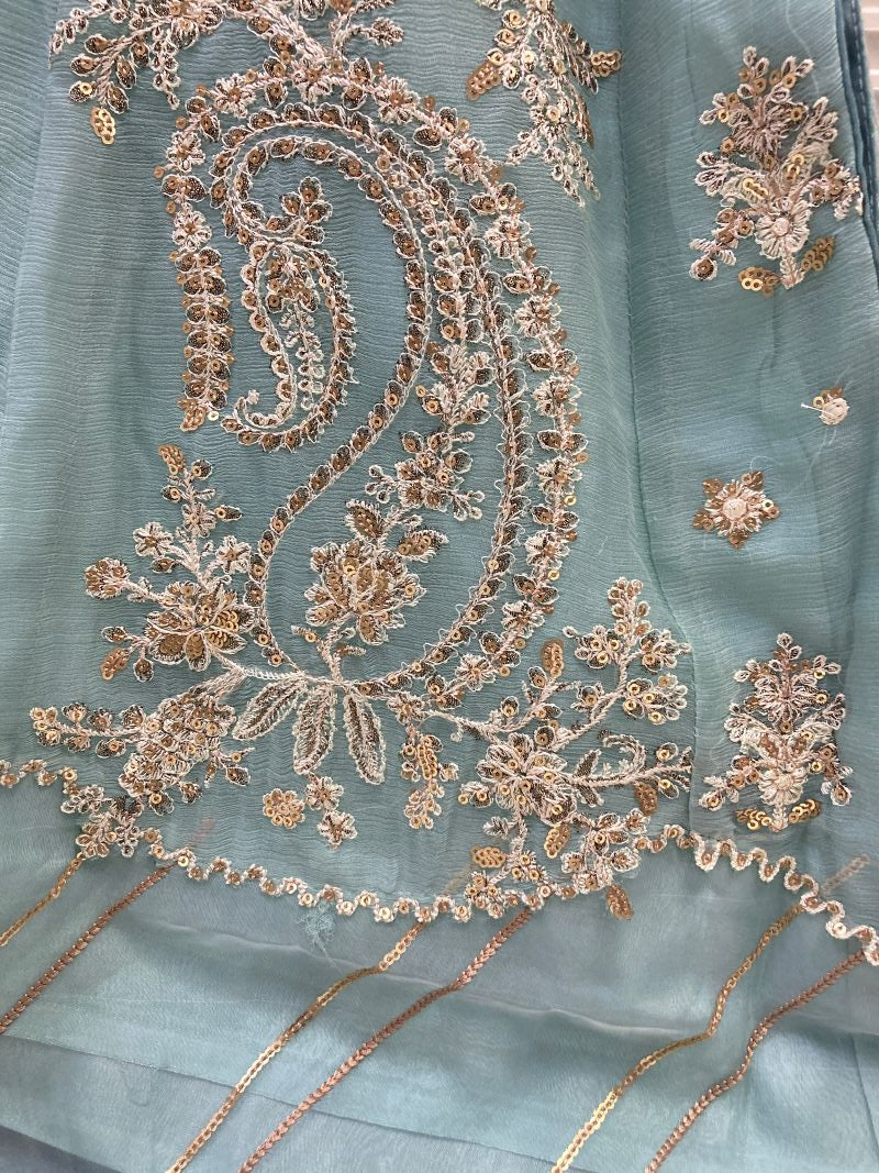 Maria.B Inspired Aqua Embroidered Chiffon Suit – Stitched 3pc- RW3-107