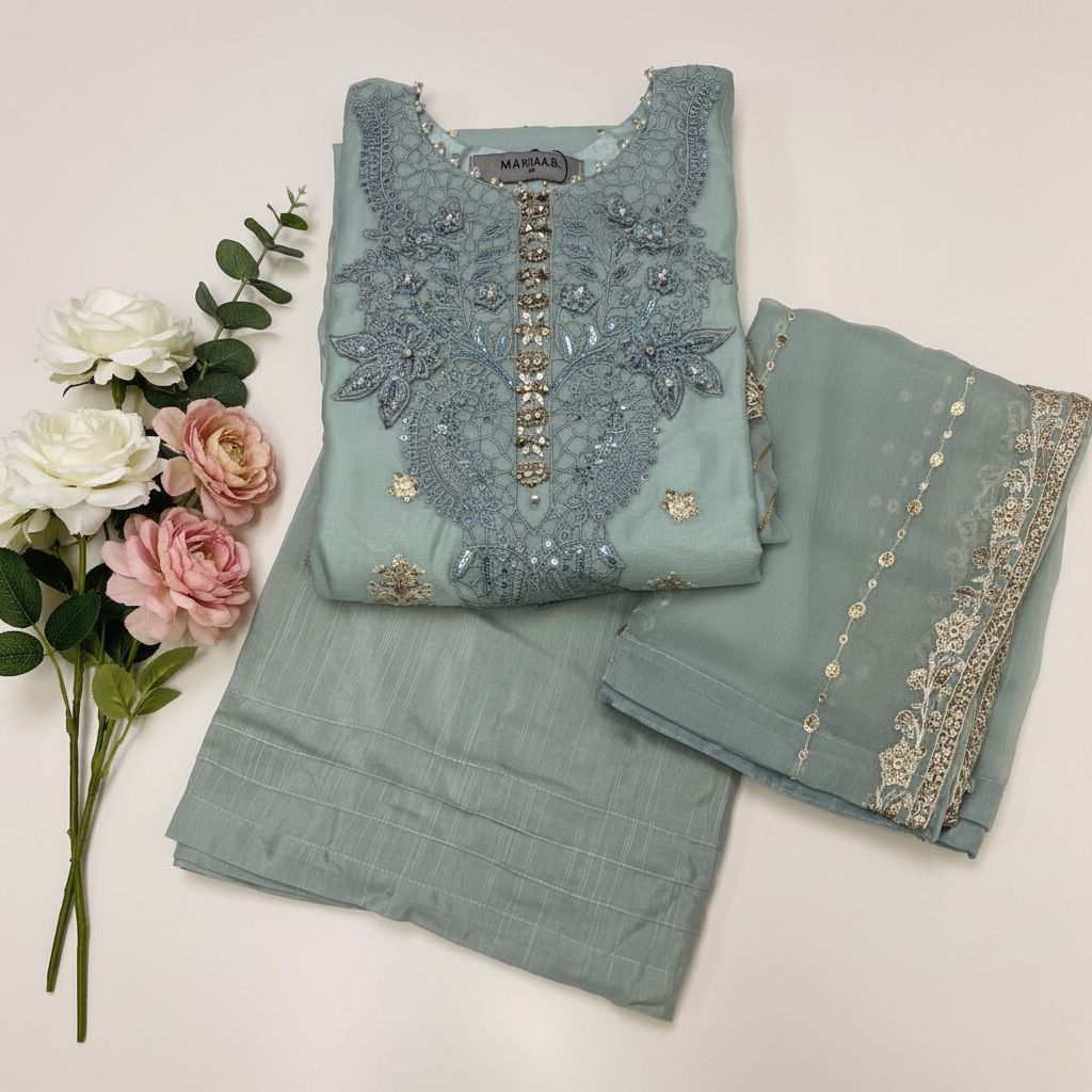 Maria.B Inspired Aqua Embroidered Chiffon Suit – Stitched 3pc- RW3-107