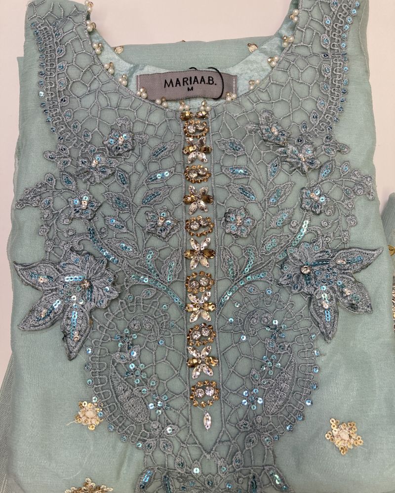 Maria.B Inspired Aqua Embroidered Chiffon Suit – Stitched 3pc- RW3-107