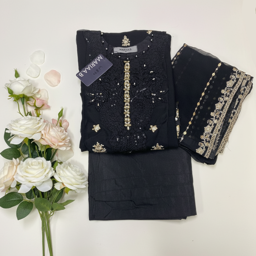 Maria.B Inspired Black Embroidered Chiffon Suit – Stitched 3pc - RW3-109