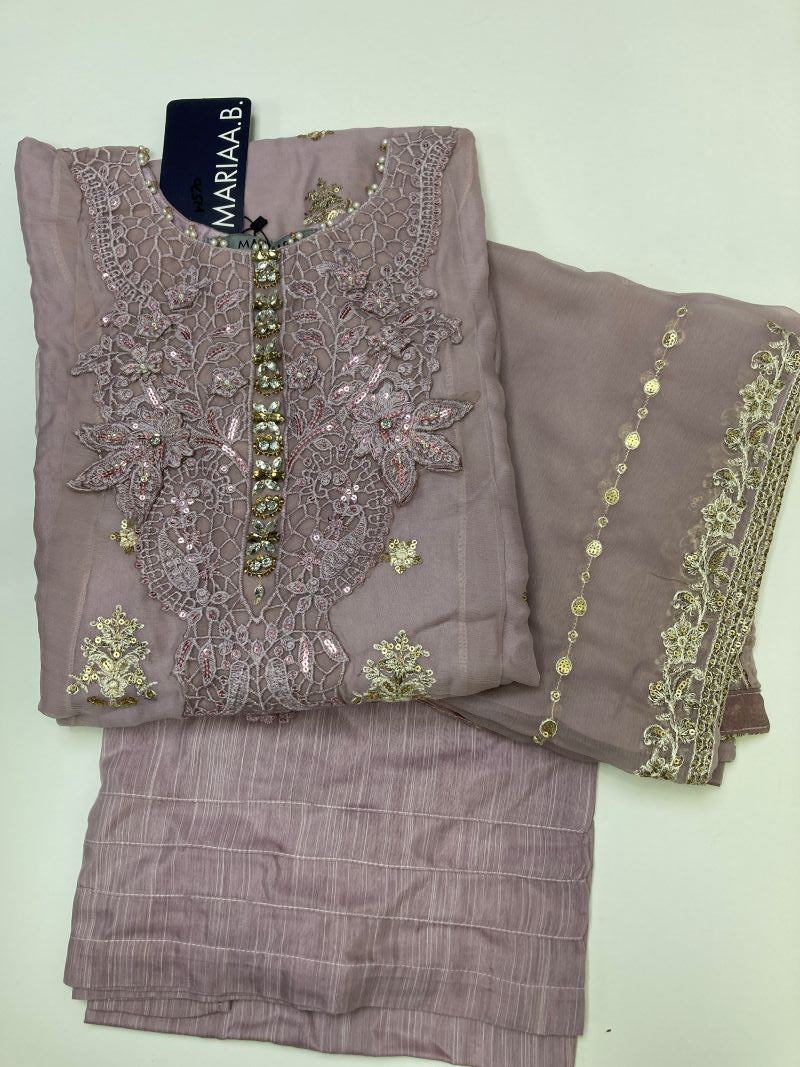 Maria.B Inspired Pink Embroidered Chiffon Suit – Stitched 3pc- RW3-108