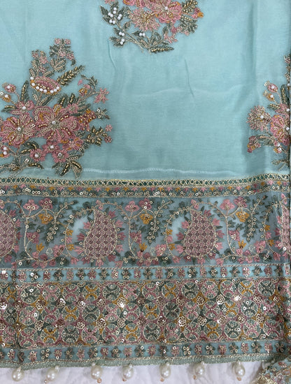 Maria B Inspired Aqua Embroidered Chiffon Suit – Stitched 3pc-RW3-125