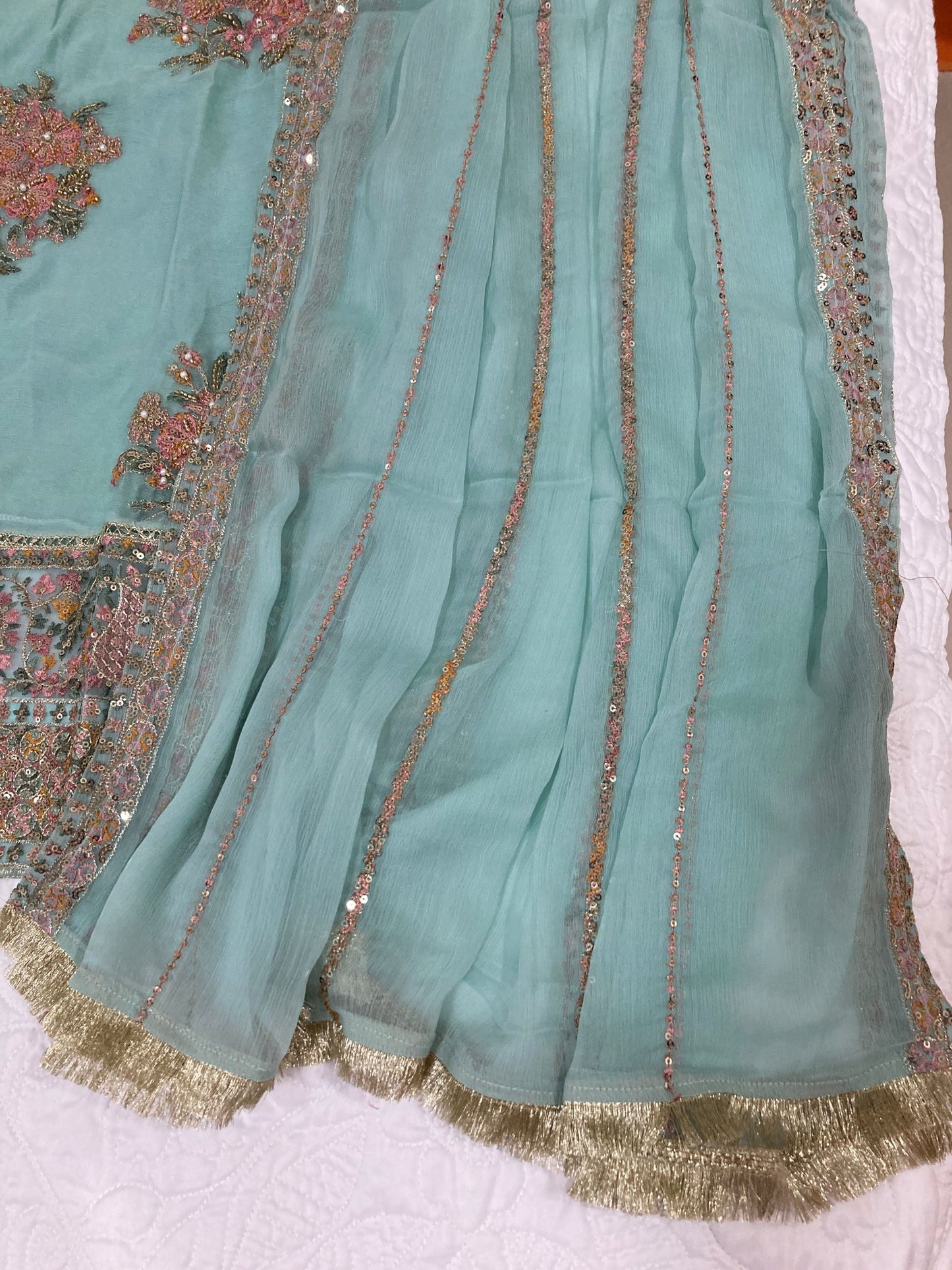 Maria B Inspired Aqua Embroidered Chiffon Suit – Stitched 3pc-RW3-125