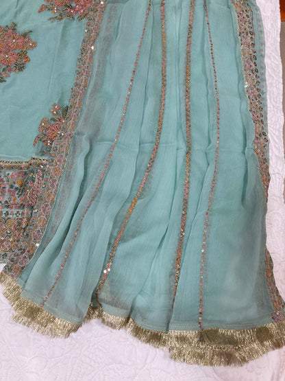 Maria B Inspired Aqua Embroidered Chiffon Suit – Stitched 3pc-RW3-125