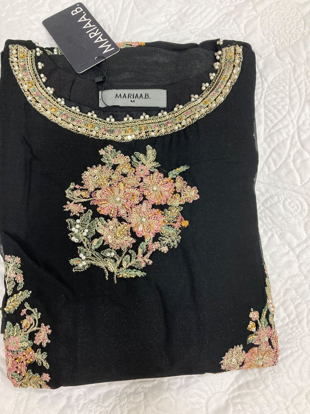 Maria B Inspired Black Embroidered Chiffon Suit – Stitched 3pc-RW3-123